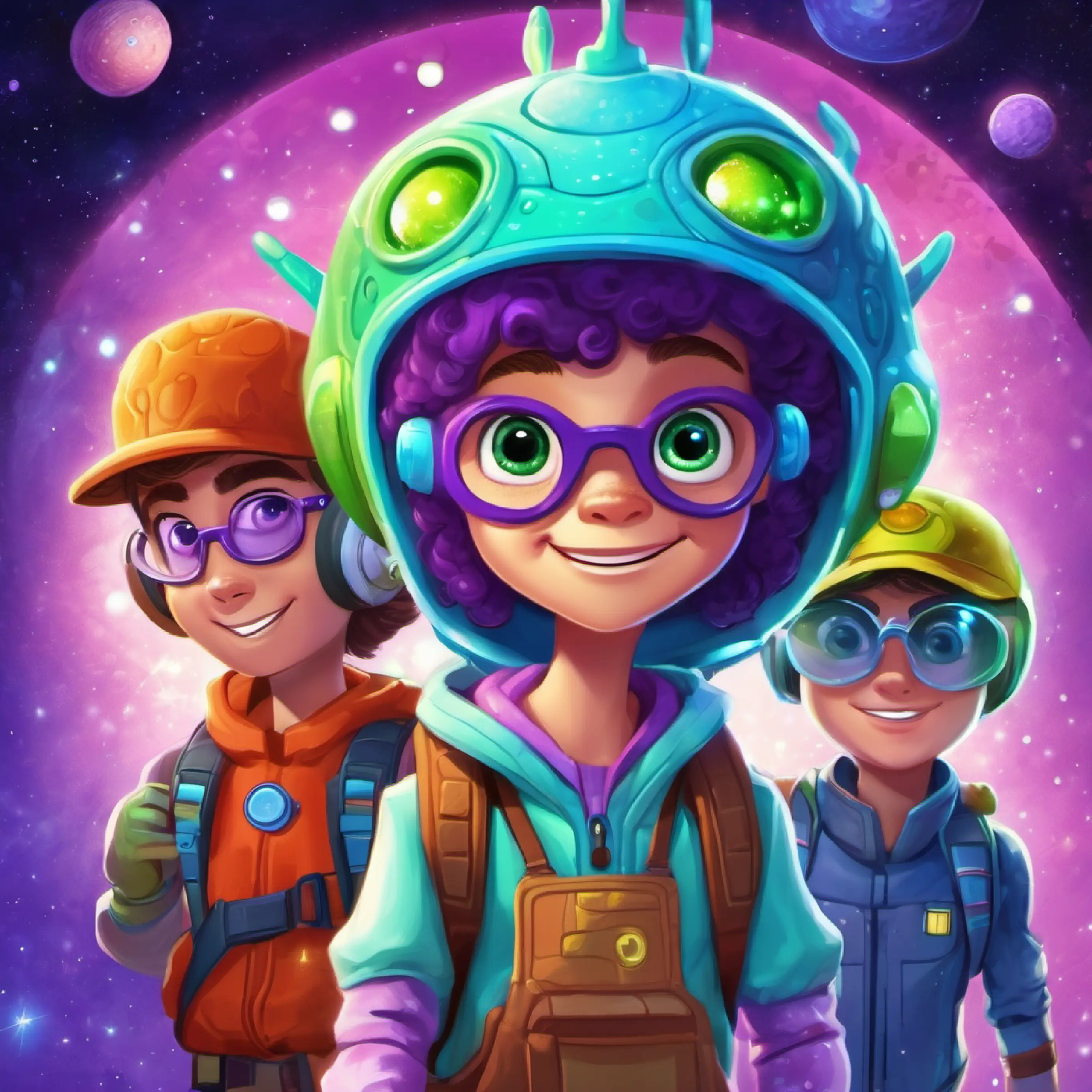 The friends rescue a lonely The alien has sparkly purple skin, three eyes, and a friendly smile and help fix their spaceship. (Distant planet, 'Stardust Explorer', Lily has curly brown hair, freckles, and bright green eyes, Ben has messy blond hair, glasses, and blue eyes, and Max has a red baseball cap, a big grin, and brown eyes, The alien has sparkly purple skin, three eyes, and a friendly smile)