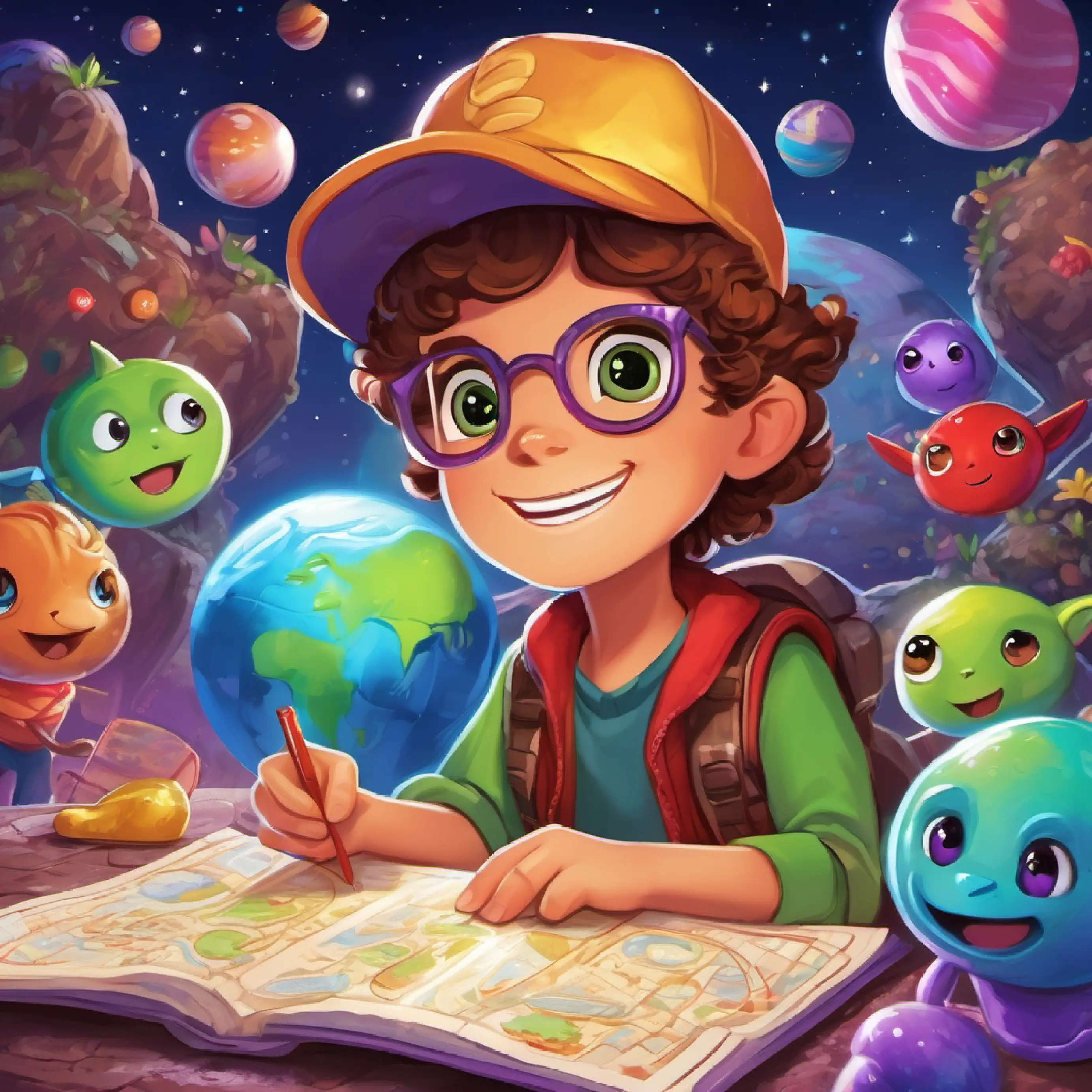 The friends receive a map to the hidden treasure and find a planet made of candy. (Candy planet, 'Stardust Explorer', Lily has curly brown hair, freckles, and bright green eyes, Ben has messy blond hair, glasses, and blue eyes, and Max has a red baseball cap, a big grin, and brown eyes, The alien has sparkly purple skin, three eyes, and a friendly smile)