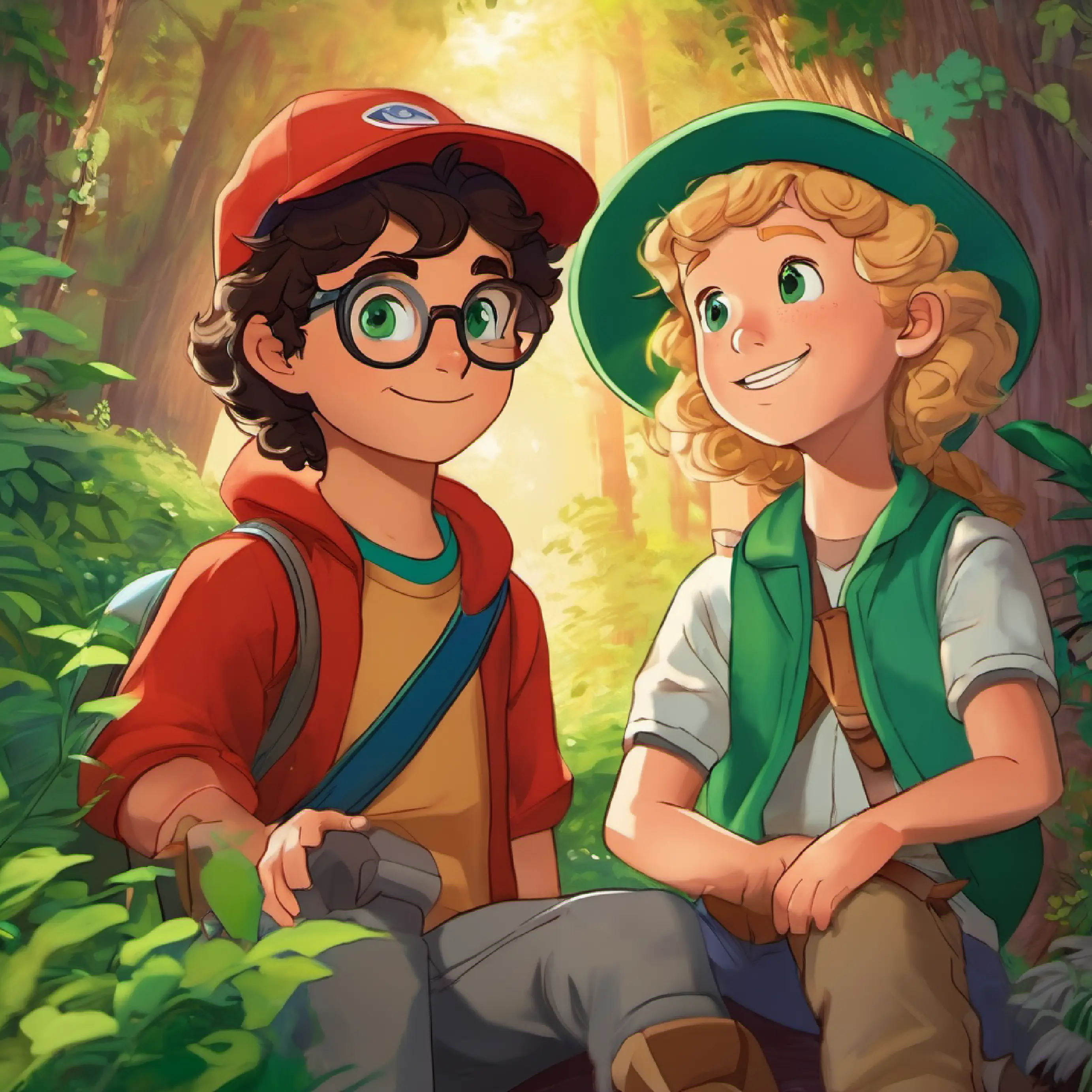 The friends return home, reflecting on their adventure and their promise to continue exploring the universe. (Home, 'Stardust Explorer', Lily has curly brown hair, freckles, and bright green eyes, Ben has messy blond hair, glasses, and blue eyes, and Max has a red baseball cap, a big grin, and brown eyes)