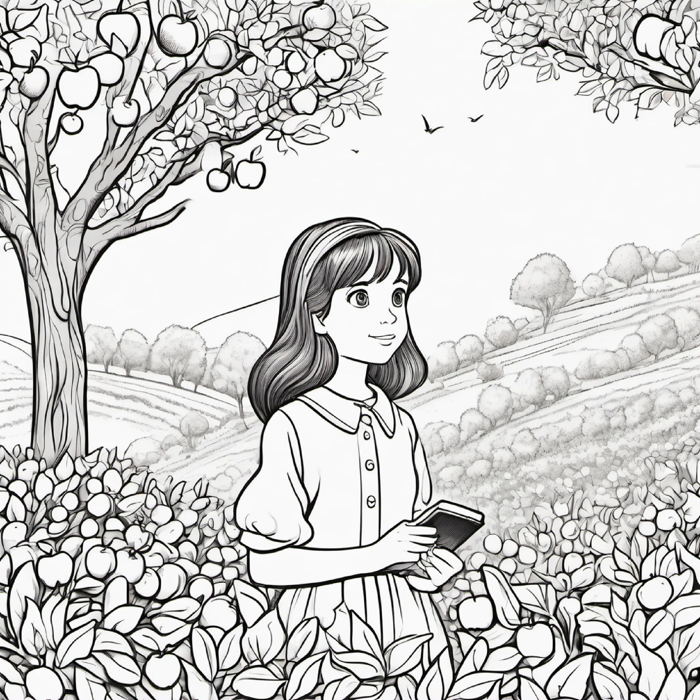Young girl with brown hair and bright blue eyes meets a speaking apple tree in the orchard.