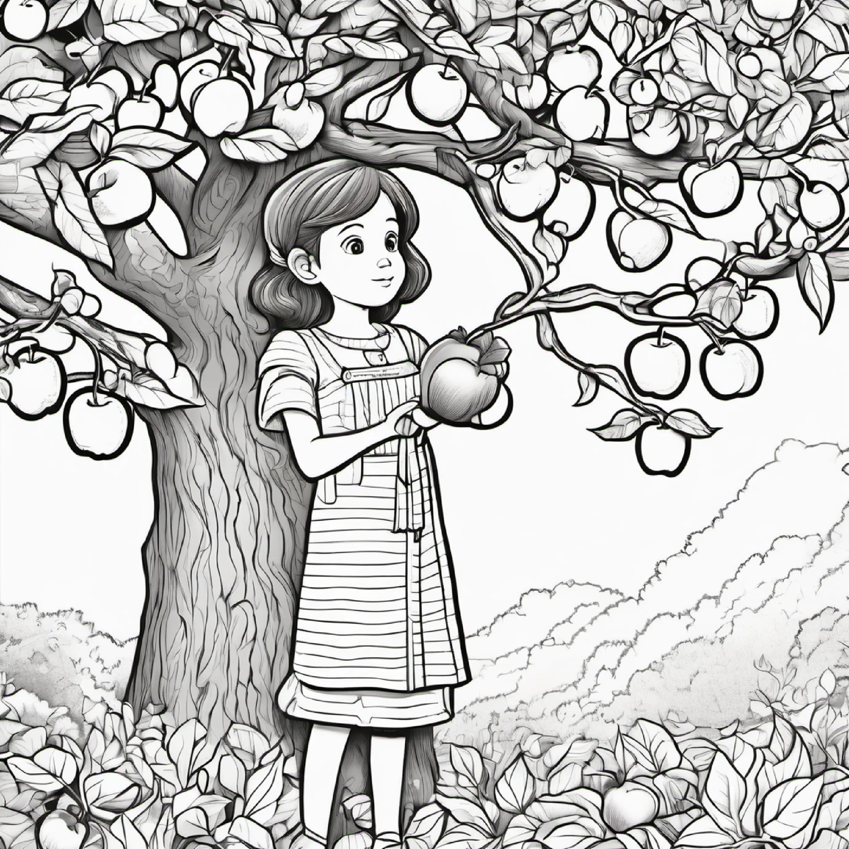 Young girl with brown hair and bright blue eyes starts counting apples on the tree.
