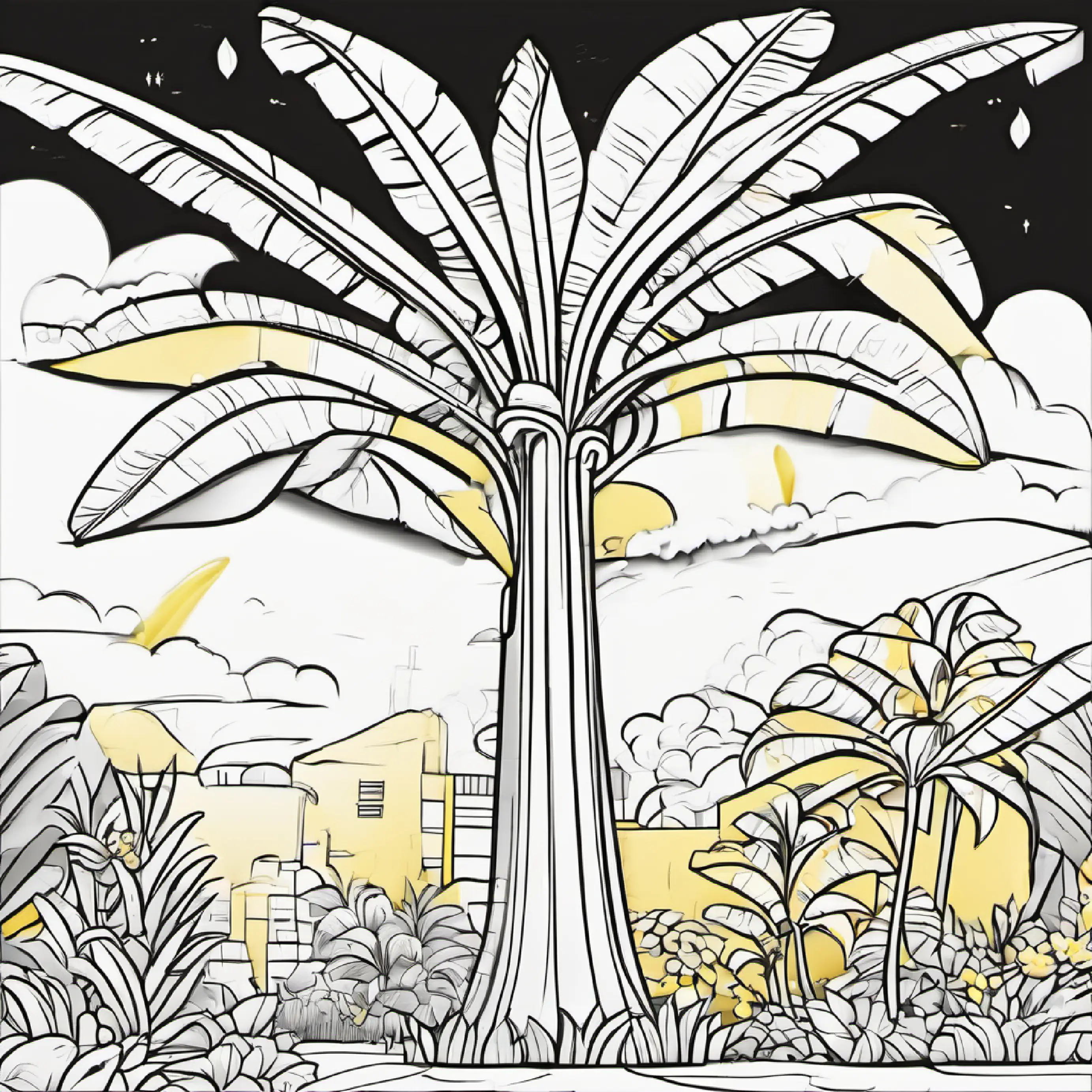 Tall banana tree with a cheerful expression and yellow bunches presents a subtraction question.