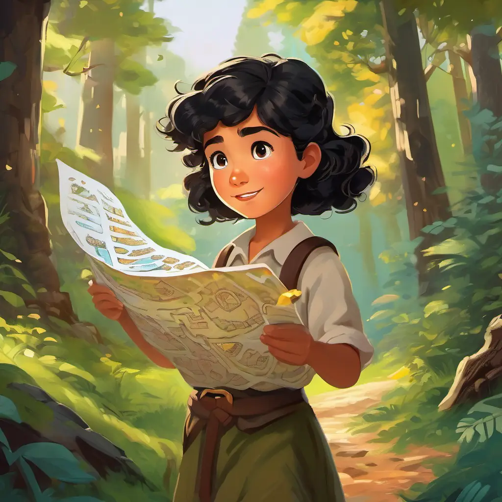 Brave little girl with curly black hair and twinkling brown eyes walking in the forest, looking at the treasure map with excitement