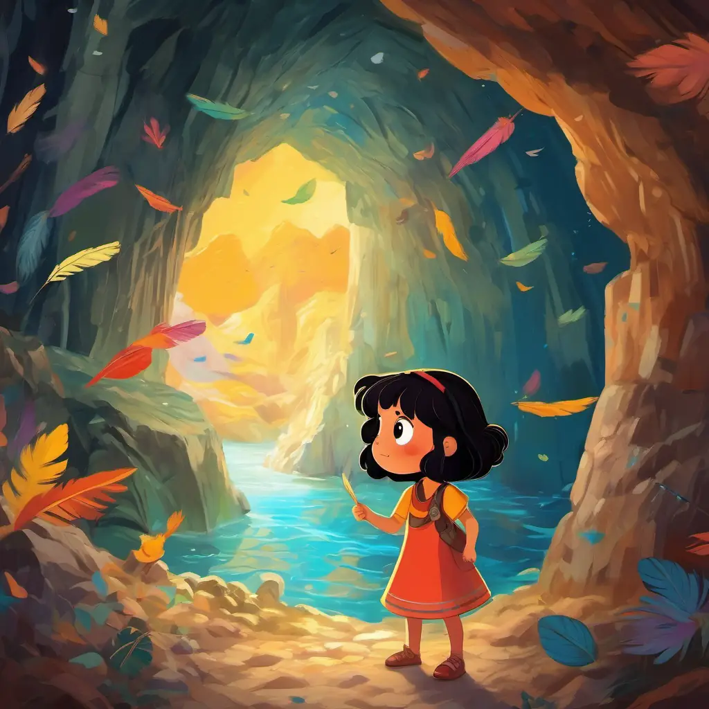 Brave little girl with curly black hair and twinkling brown eyes standing inside the cave, amazed by the treasure and sad looking Scared little bird with colorful feathers, now happy and free in the cage