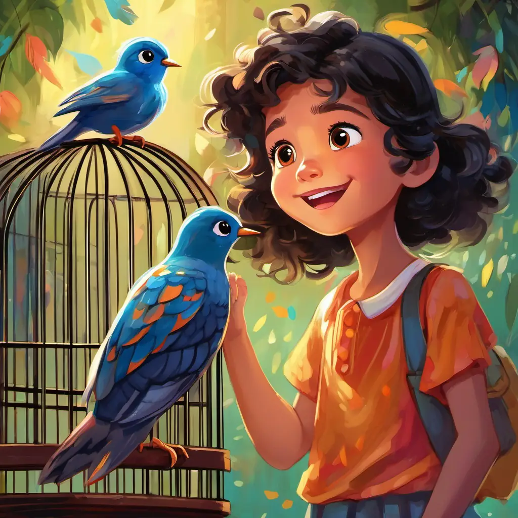 Brave little girl with curly black hair and twinkling brown eyes releasing the Scared little bird with colorful feathers, now happy and free from the cage, with a smile on her face