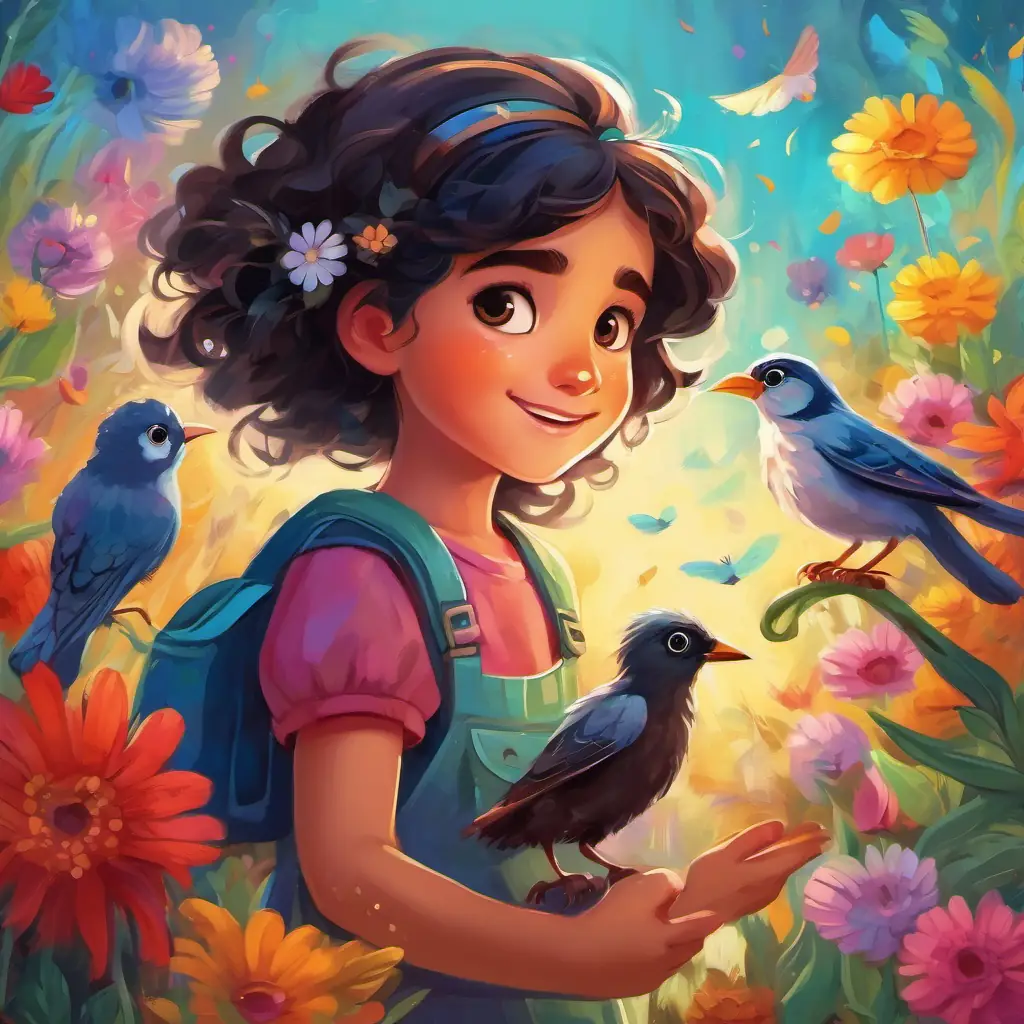 Brave little girl with curly black hair and twinkling brown eyes and the Scared little bird with colorful feathers, now happy and free exchanging the magical feather, surrounded by colorful flowers