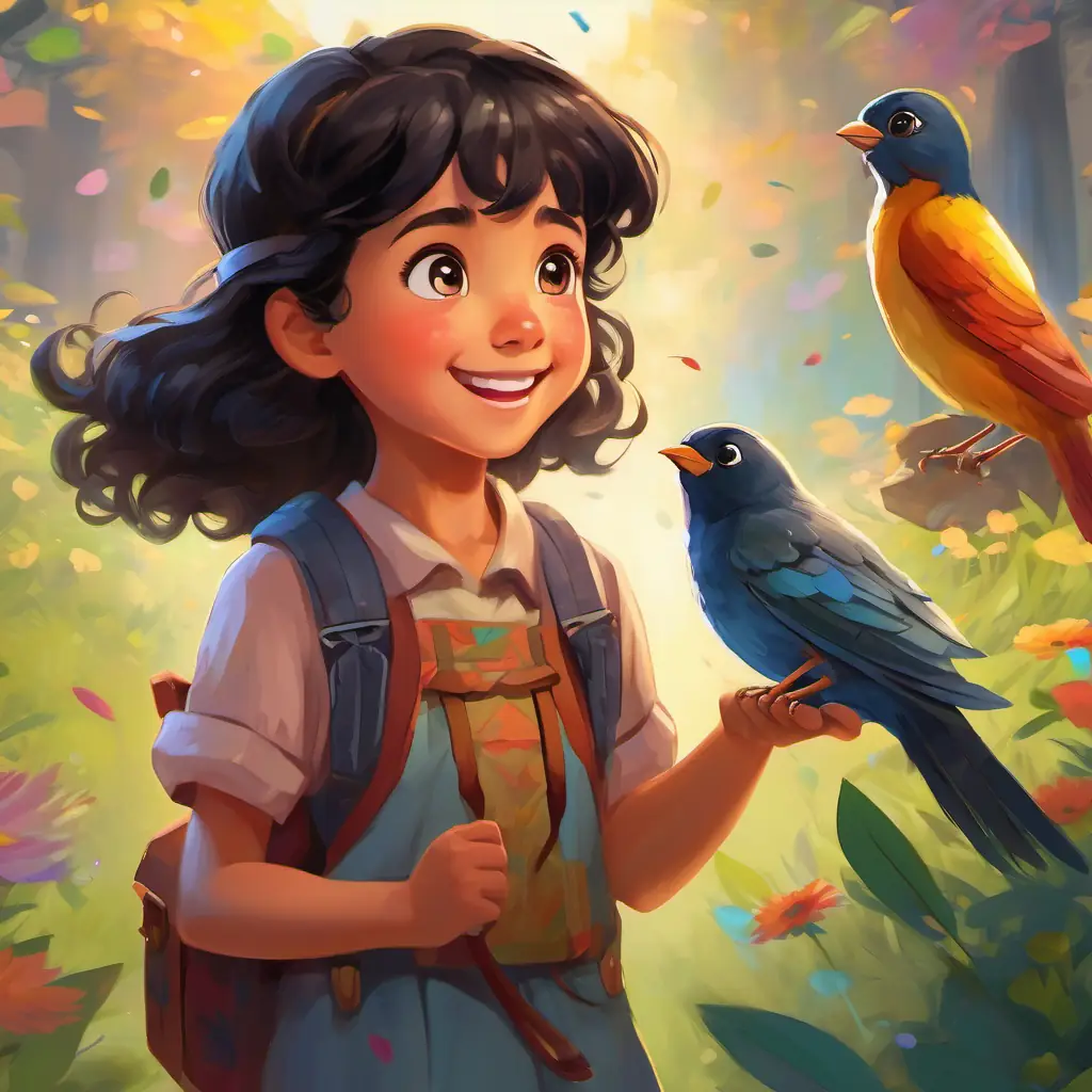 Brave little girl with curly black hair and twinkling brown eyes and the Scared little bird with colorful feathers, now happy and free walking hand in hand, smiling and waving at villagers they helped