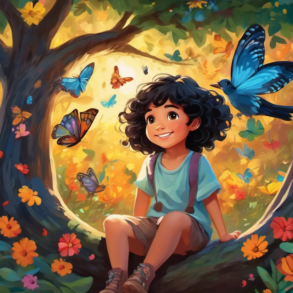 Brave little girl with curly black hair and twinkling brown eyes sitting under a tree, surrounded by butterflies and a smiling Scared little bird with colorful feathers, now happy and free on her shoulder