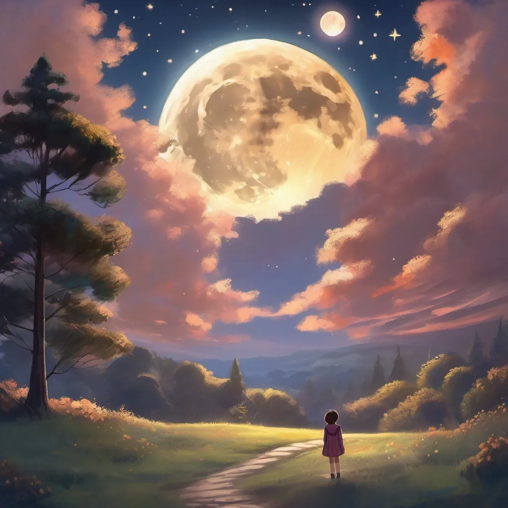 A young girl with big dreams gazing up at a star-filled night sky with a glowing moon.