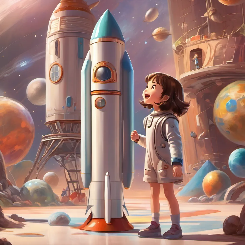 An excited young girl wearing homemade shiny space clothes standing next to an imaginative space rocket.