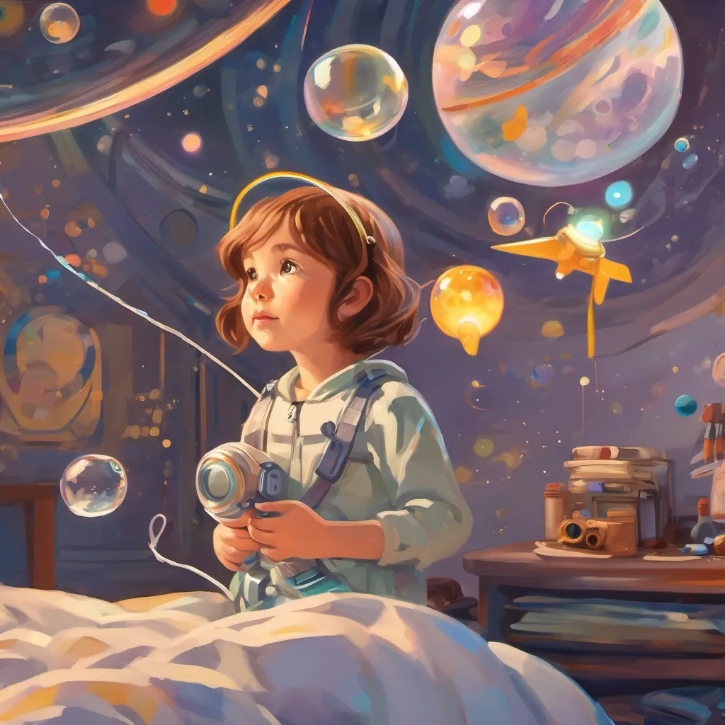 A closing scene of A five-year-old girl with big, curious eyes and boundless energy, wearing makeshift space gear, with a presence full of wonder and determination falling asleep with a toy rocket by her bedside, dream bubbles showing her flying through space again.