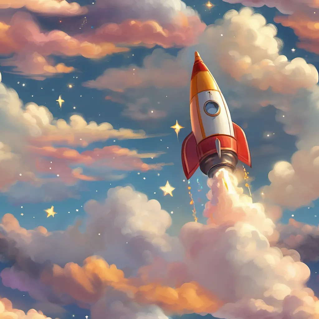 A rocket soaring through fluffy clouds and past bright, twinkling stars with a tiny figure inside.
