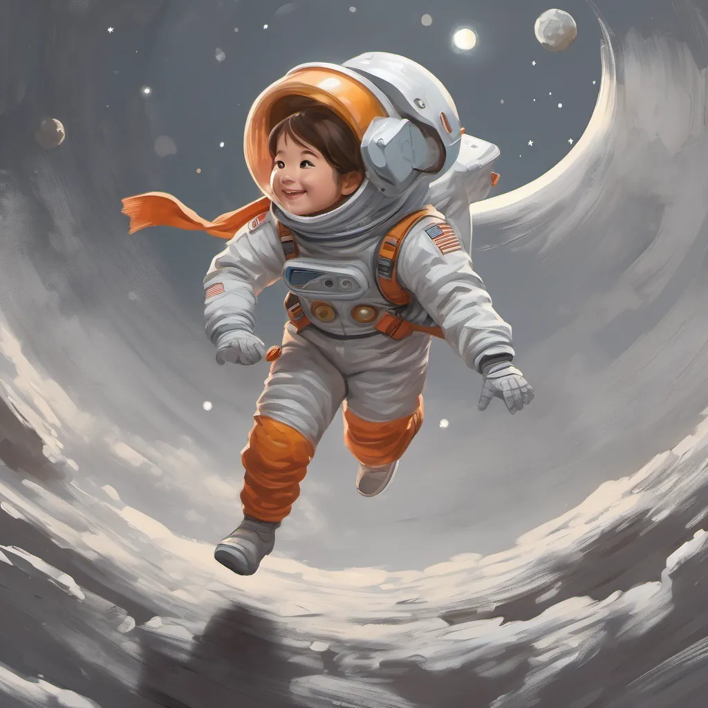 A girl in a small space suit jumping happily on the moon's gray, dusty surface.