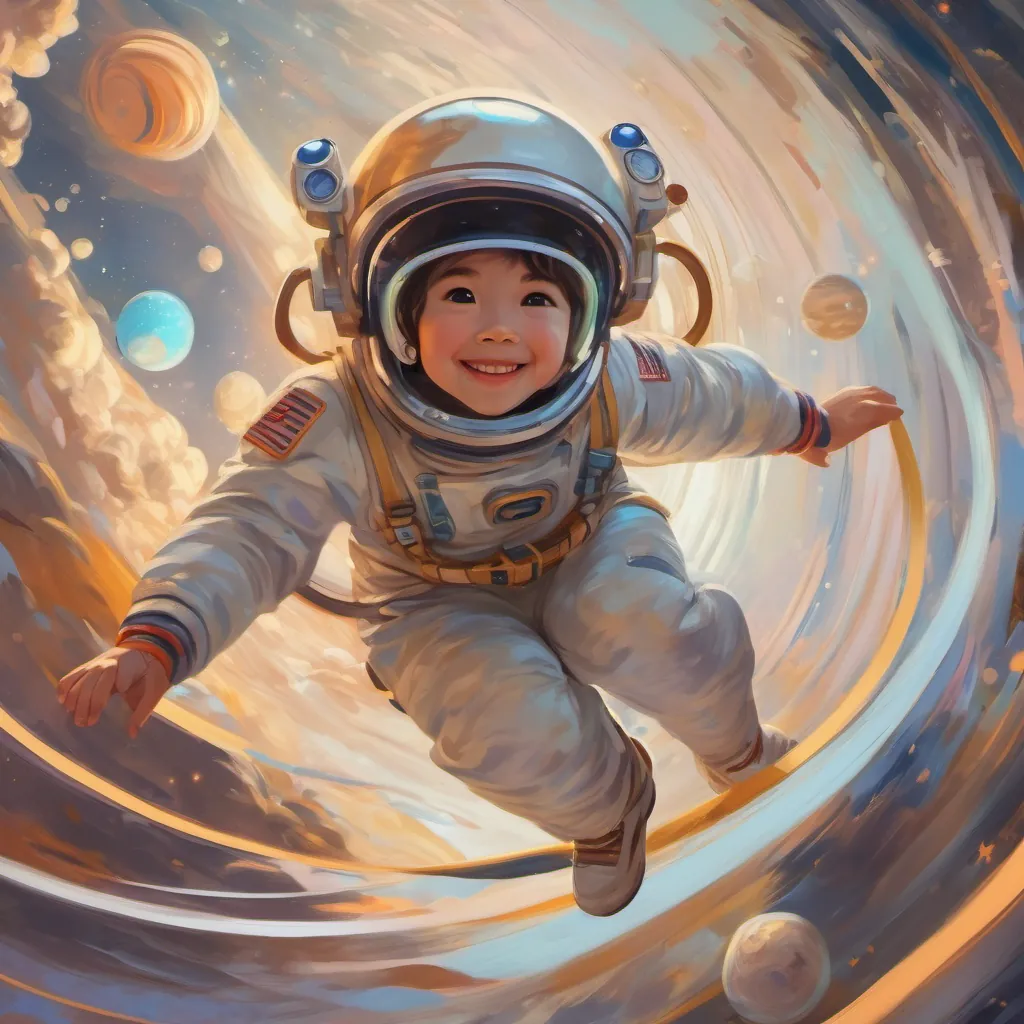 A girl floating and spinning around the rings of Saturn in her space suit with joy and wonder.