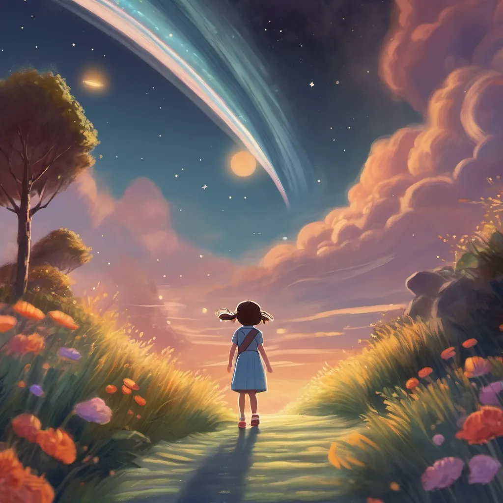 A comet flying past Saturn with a small girl looking surprised but excited.