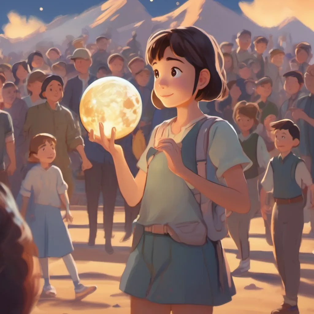 A girl returning on Earth with a moon rock in her hand, standing proudly while people around her cheer.