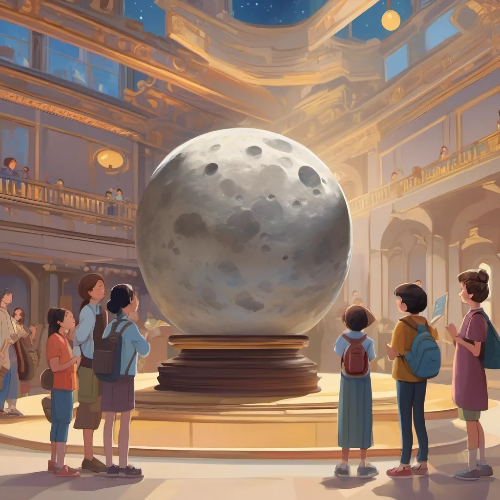 A girl handing over a moon rock to a museum with a sign 'Moon Exhibit' with people looking on in awe.