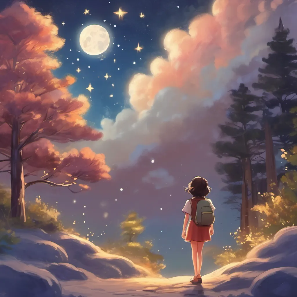 A dreamy night sky with twinkling stars and a young girl looking up with a smile, imagining her adventures.