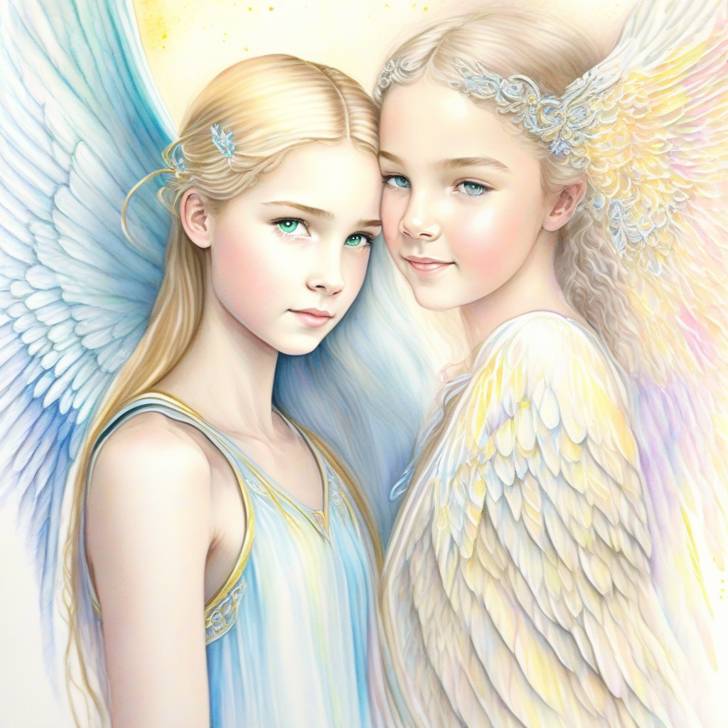 Brave, 14-year-old with a heart filled with kindness meets Radiant angel with shimmering wings, an angel with shimmering wings.