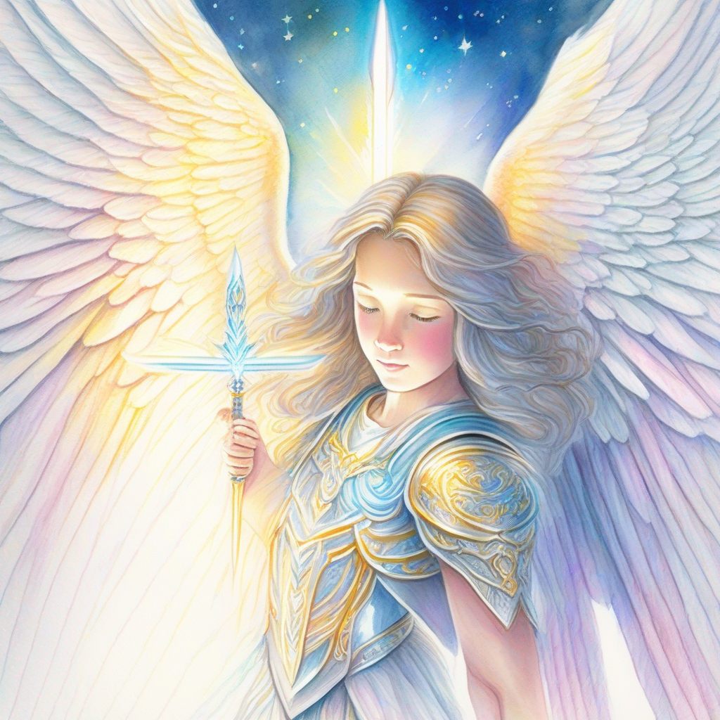 Radiant angel with shimmering wings gives Brave, 14-year-old with a heart filled with kindness a celestial sword and shows him the portal.