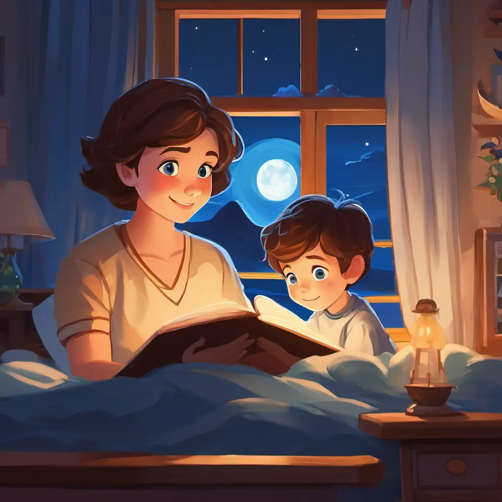 Little boy with brown hair, big blue eyes, and a playful smile and his mom in a cozy bedroom with moonlight coming through the window