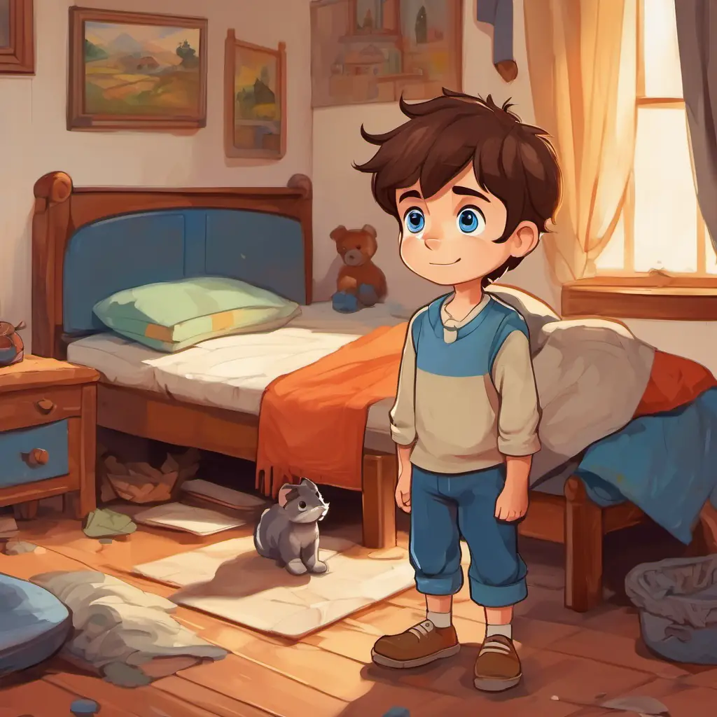 Little boy with brown hair, big blue eyes, and a playful smile standing beside his messy bed, looking worried