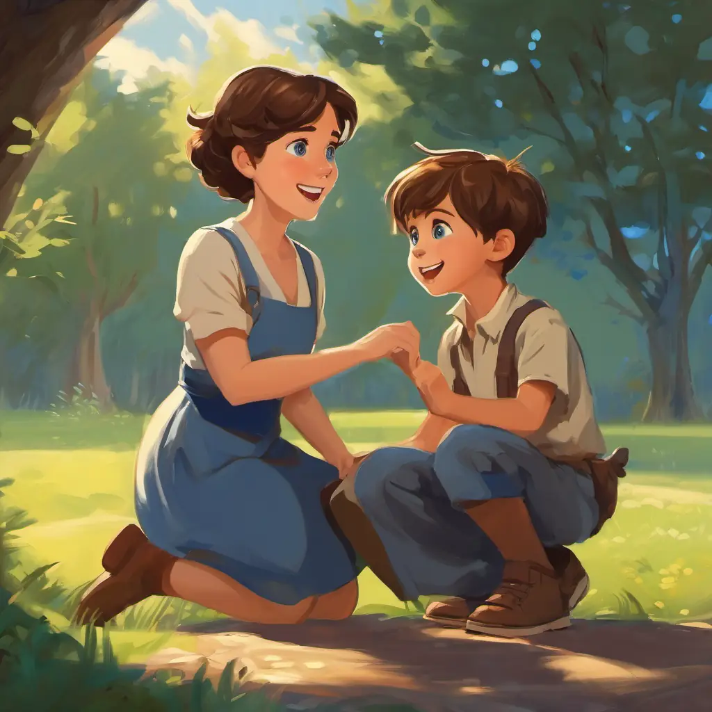 Little boy with brown hair, big blue eyes, and a playful smile's mom looking surprised but calm, kneeling down to talk to Little boy with brown hair, big blue eyes, and a playful smile