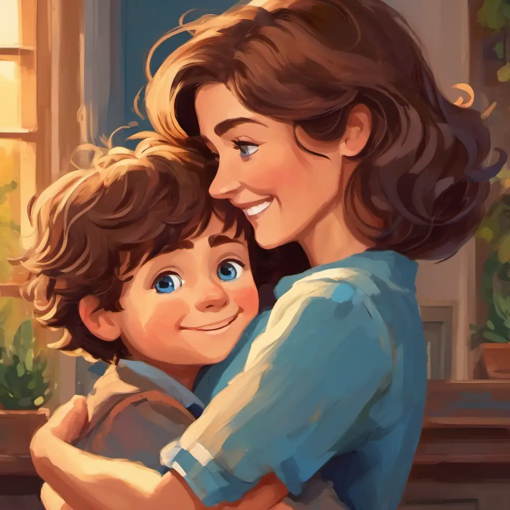 Little boy with brown hair, big blue eyes, and a playful smile's mom hugging him with a loving smile on her face