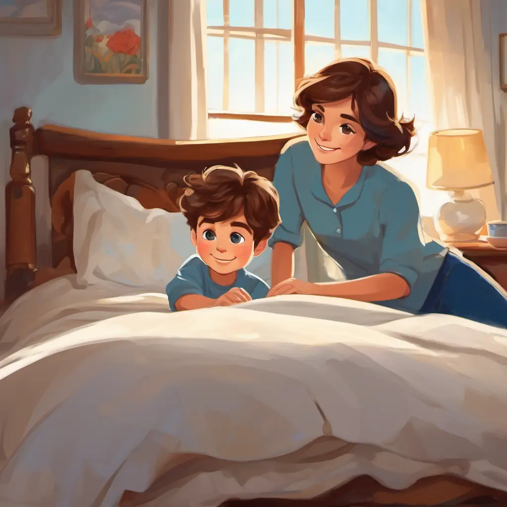 Little boy with brown hair, big blue eyes, and a playful smile and his mom making the bed together, showing teamwork and responsibility