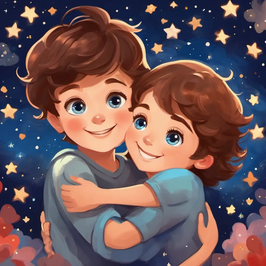 Little boy with brown hair, big blue eyes, and a playful smile and his mom hugging and smiling, surrounded by hearts and stars