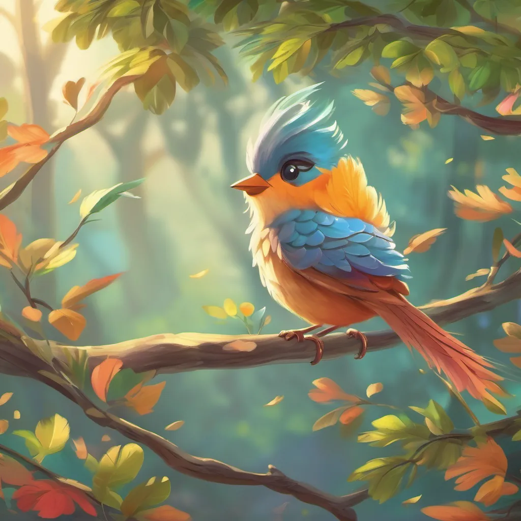A cheerful little bird with vibrant feathers, flapping its wings near a cozy nest in a tree.
