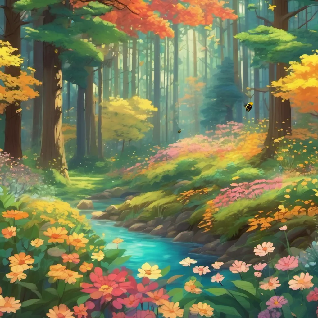 An expansive forest with tall trees, leaves fluttering, and bees buzzing around colorful flowers.
