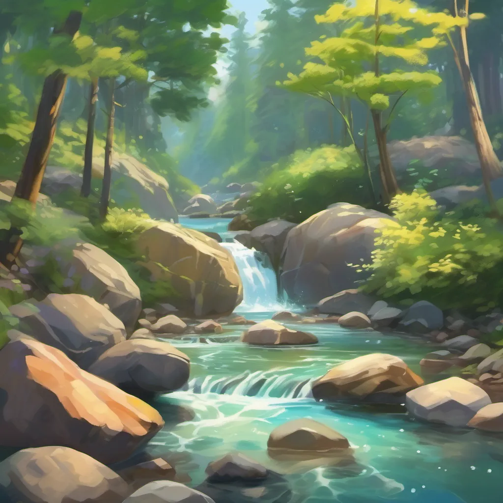 A clear stream with sparkling water, lively rocks, and playful splashes amidst a serene woodland setting.