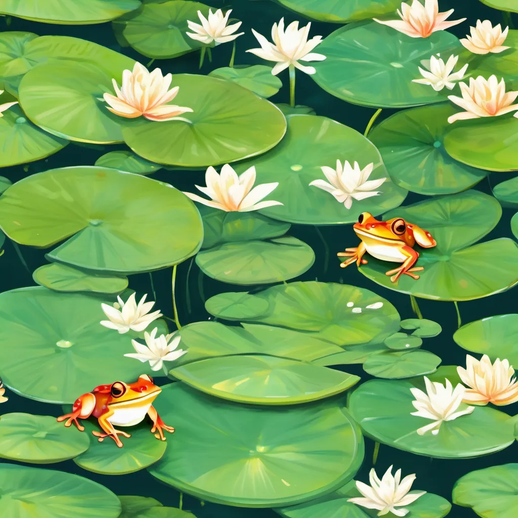 A group of frogs joyfully hopping across lily pads on a pond, with vibrant green surroundings.