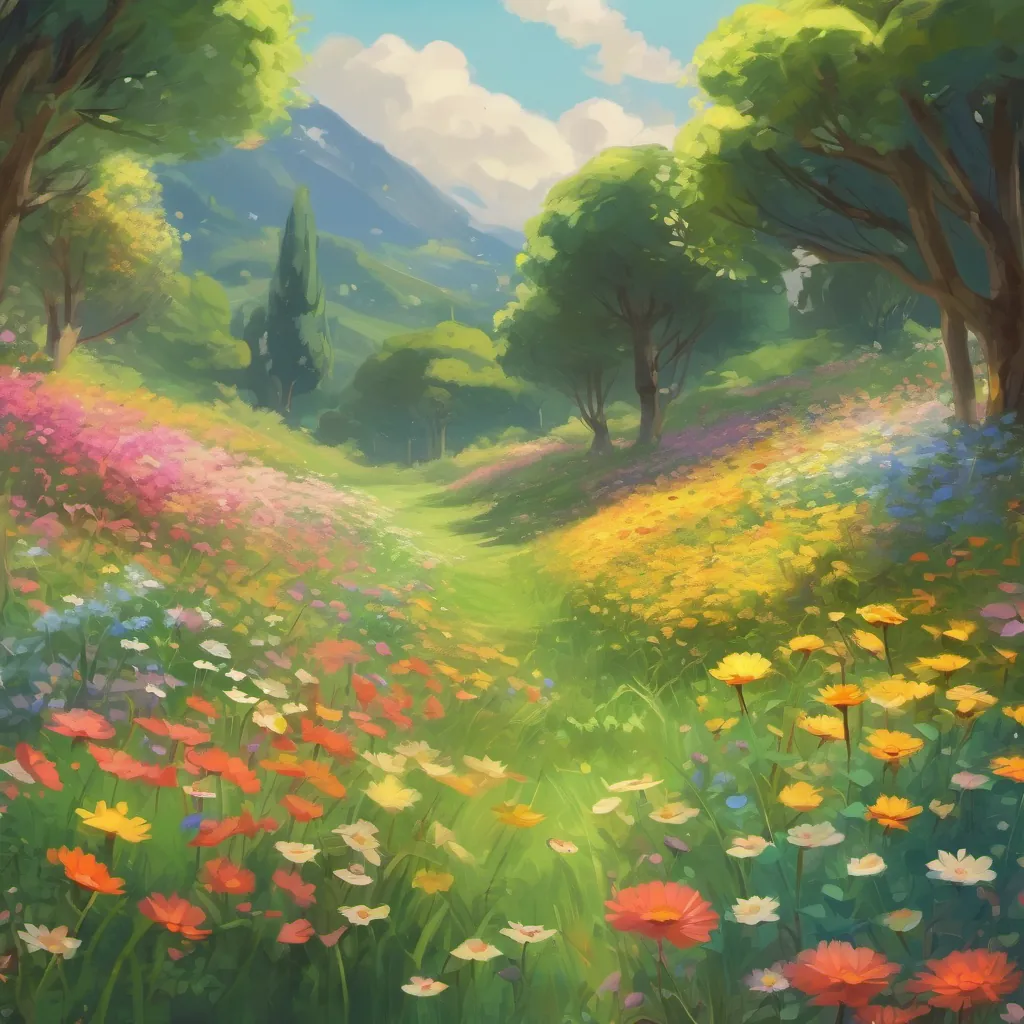 A lush meadow with an array of colorful flowers, their petals swaying gently in the breeze.