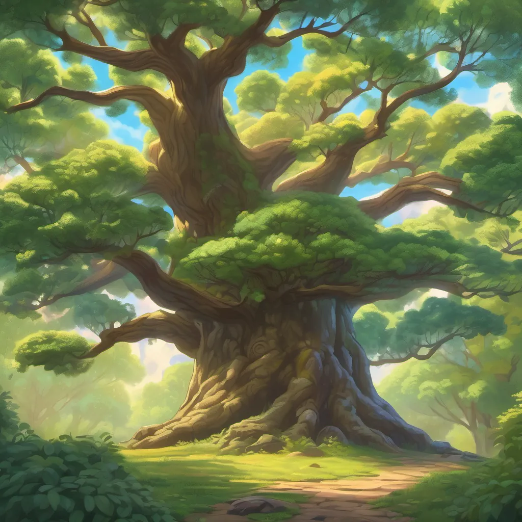 A grand oak tree with sturdy, welcoming branches, and an air of wisdom about it, standing tall in the forest.