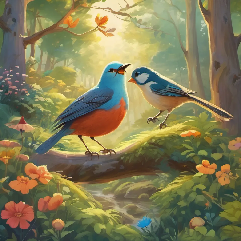 A joyful bird expressing gratitude in a picturesque natural setting, surrounded by trees and various woodland creatures.
