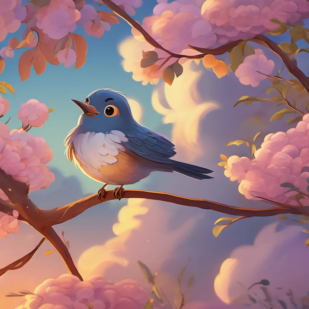 A tired but content little bird flying back to its cozy nest at sunset, with a peaceful smile and eyes slowly closing.