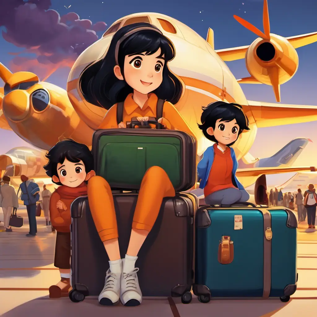 Quorra has black hair, brown eyes, and a friendly smile sitting on a suitcase, surrounded by her family and their belongings. They are at an airport, with planes taking off in the background.