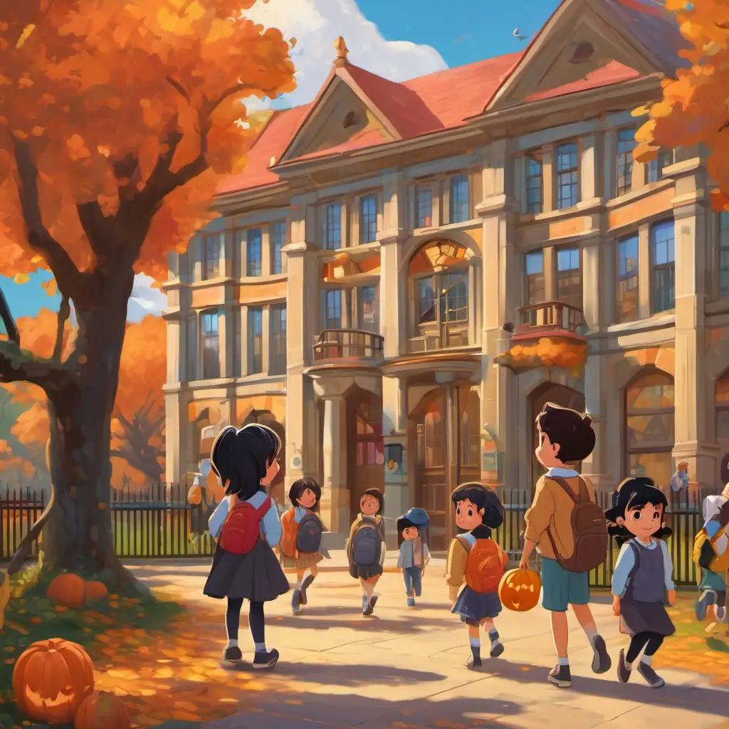 Quorra has black hair, brown eyes, and a friendly smile standing in front of a school building, looking at a group of children playing together. The schoolyard is filled with colorful playground equipment.