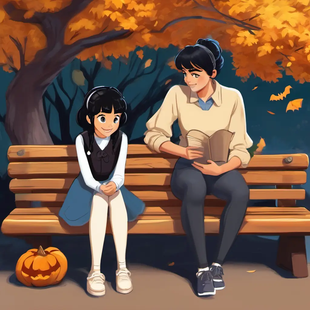 Quorra has black hair, brown eyes, and a friendly smile and Emma has blonde hair, blue eyes, and a shy but kind expression sitting on a bench, talking and laughing. They have sketchbooks and colored pencils in their hands.