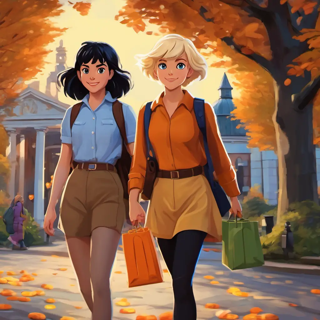 Quorra has black hair, brown eyes, and a friendly smile and Emma has blonde hair, blue eyes, and a shy but kind expression walking hand in hand, with a park and a museum in the background. They are carrying bags of candy from Halloween.