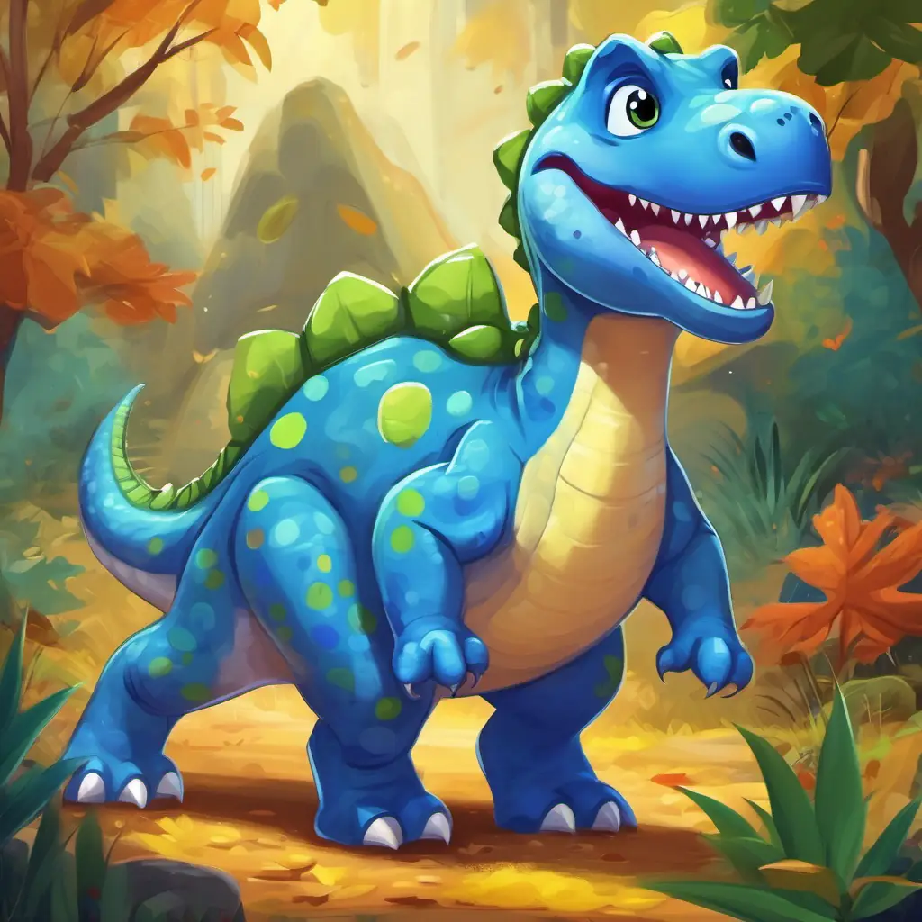 Happy blue dinosaur with big friendly eyes and green spots is a happy blue dinosaur walking in Dino Land.