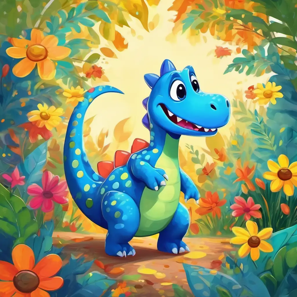 Happy blue dinosaur with big friendly eyes and green spots is happy dancing with colorful flowers, sun, and leaf.