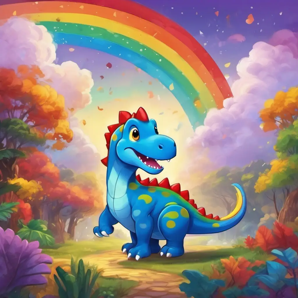 Happy blue dinosaur with big friendly eyes and green spots and Smiling red dinosaur with a long tail and yellow stripes have fun making purple clouds and rainbow bridge.