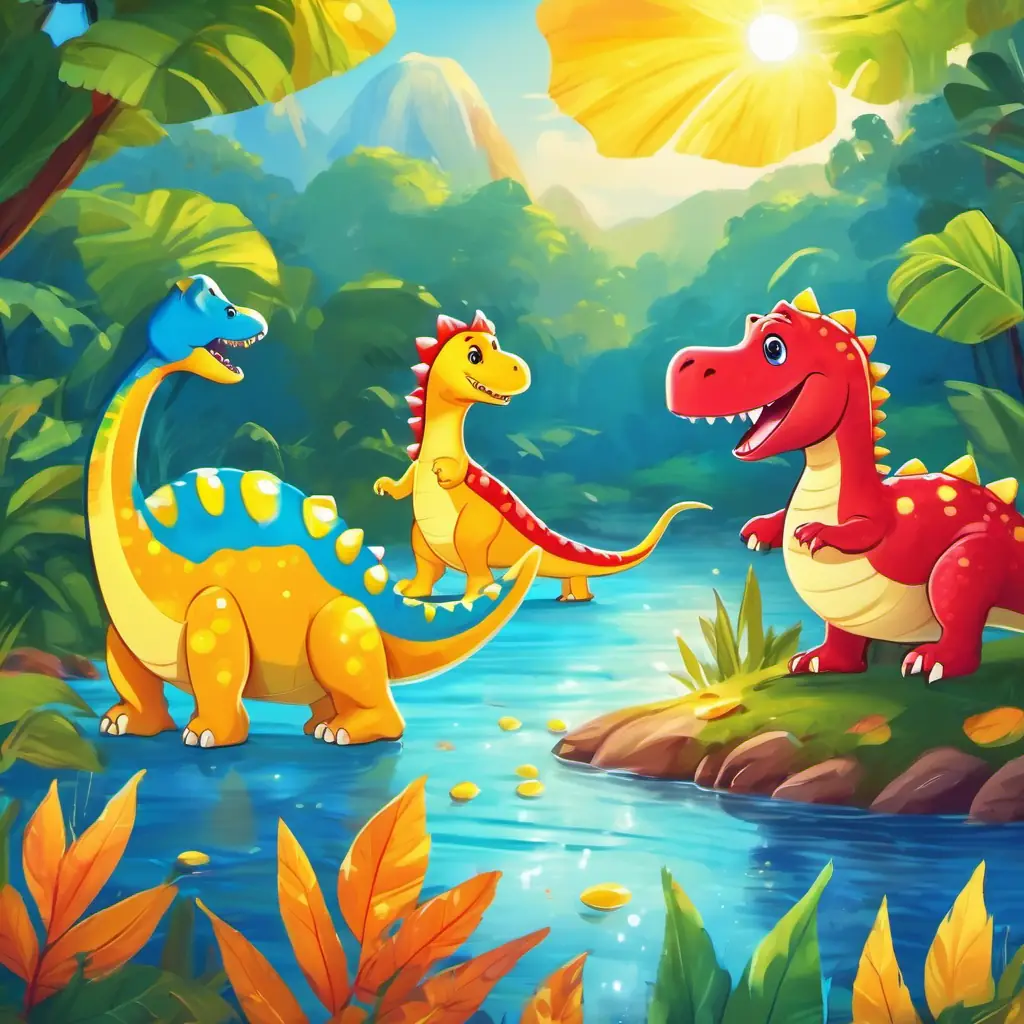 Happy blue dinosaur with big friendly eyes and green spots, Smiling red dinosaur with a long tail and yellow stripes, and Joyful yellow dinosaur with sparkly eyes and a floppy hat play in a blue river under the sun.