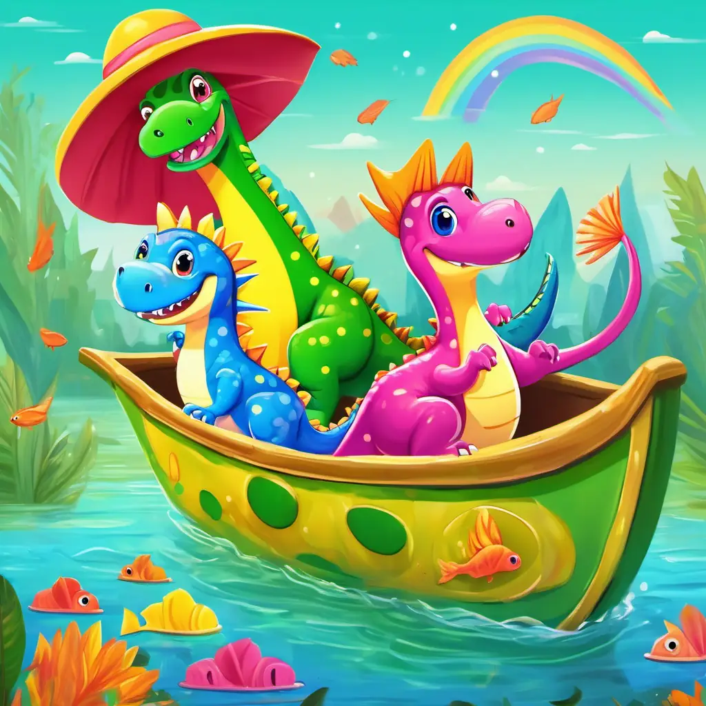 Happy blue dinosaur with big friendly eyes and green spots, Smiling red dinosaur with a long tail and yellow stripes, and Joyful yellow dinosaur with sparkly eyes and a floppy hat have fun making a green boat and pink fish.