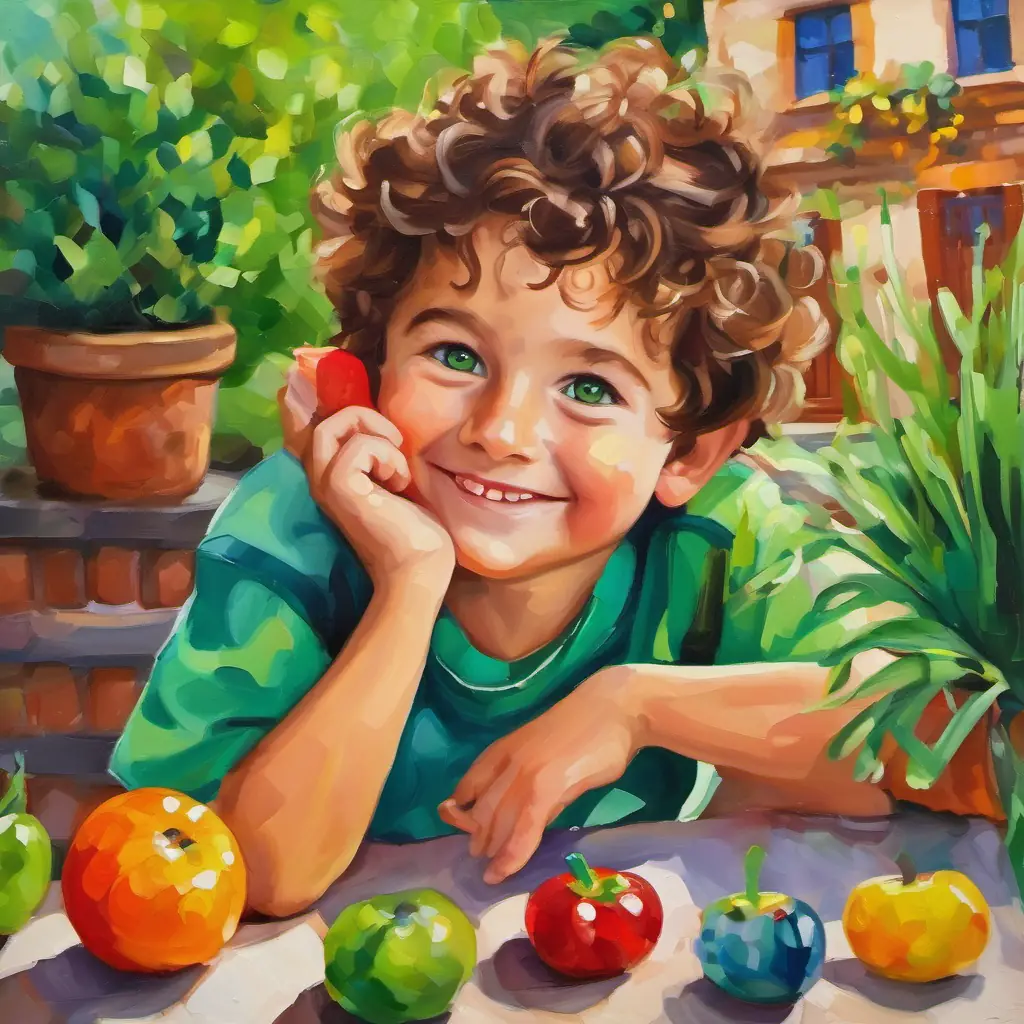 The text describes Cheeky little boy with curly brown hair and mischievous green eyes, his Mum Kind-hearted Mum with a warm smile and loving presence, Dad Fun-loving Dad who enjoys spending time with his family, their cozy house, and colorful gardens.