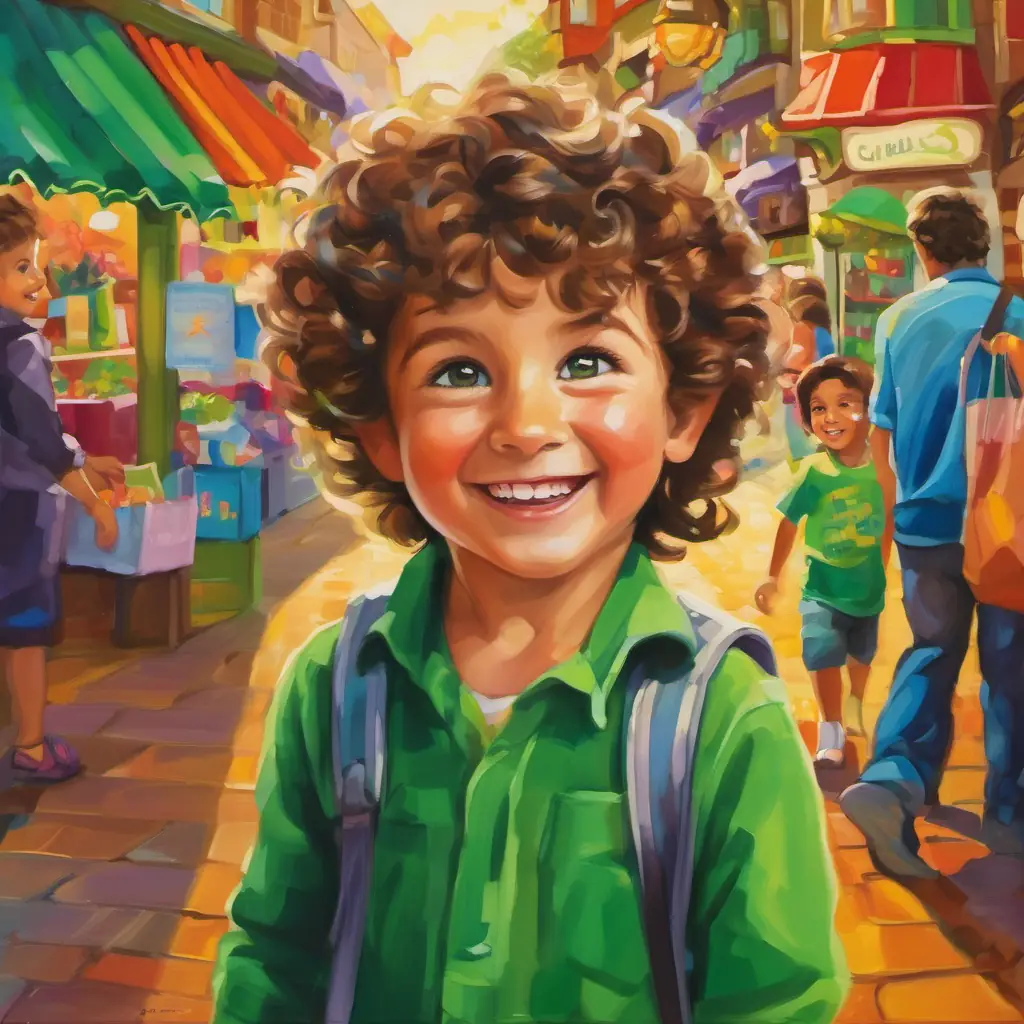 The text describes Cheeky little boy with curly brown hair and mischievous green eyes' family exploring the colorful shops, Cheeky little boy with curly brown hair and mischievous green eyes being cheeky, and his parents enjoying the cheerful atmosphere.