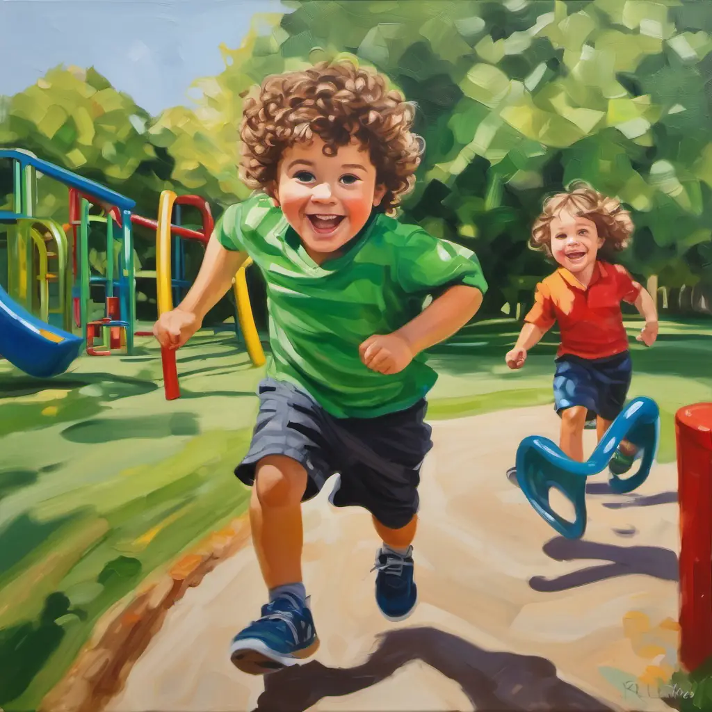 The text describes Cheeky little boy with curly brown hair and mischievous green eyes finding a playground, children playing, Cheeky little boy with curly brown hair and mischievous green eyes rushing towards it, and his parents catching up.